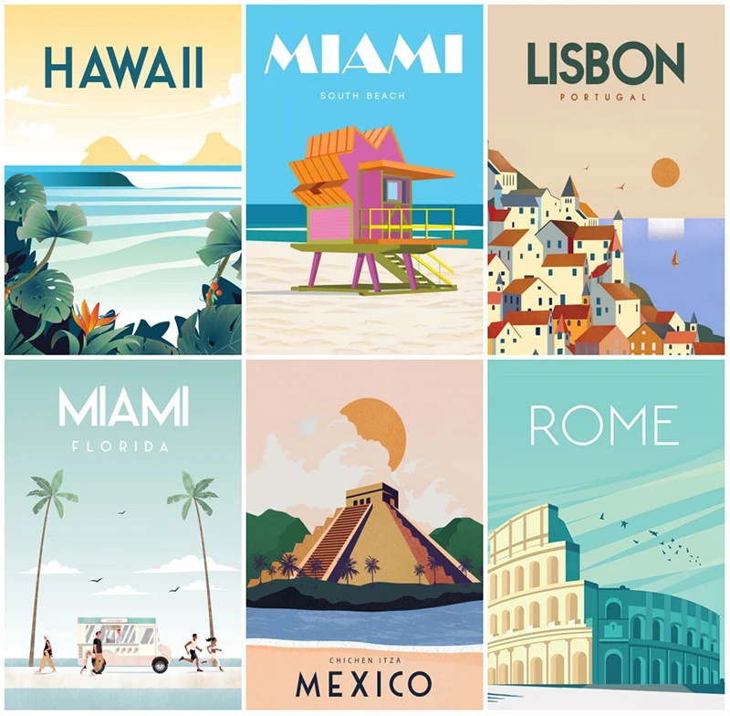 Reizen Vintage Europosters Canvas Schilderij Geïllustreerd Miami Beach Posters Prints Wall Art Foto Voor Woonkamer Decor Cuadros