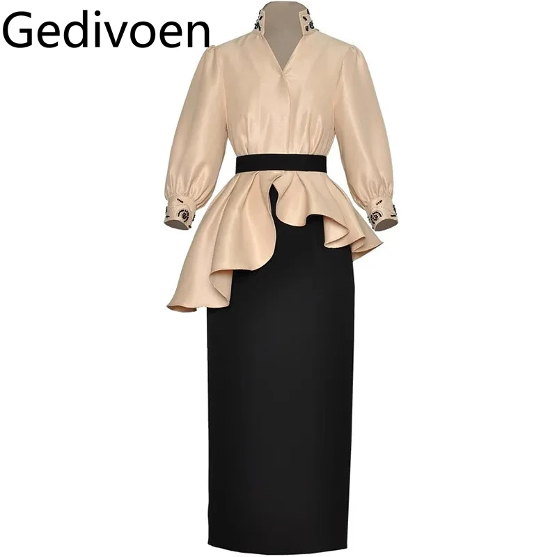 Gedivoen Autumn and Winter Women's Commuter Suit Stand Collar Long-Sleeved Beading Design Tops+Slim Pencil Skirt 2 piece set