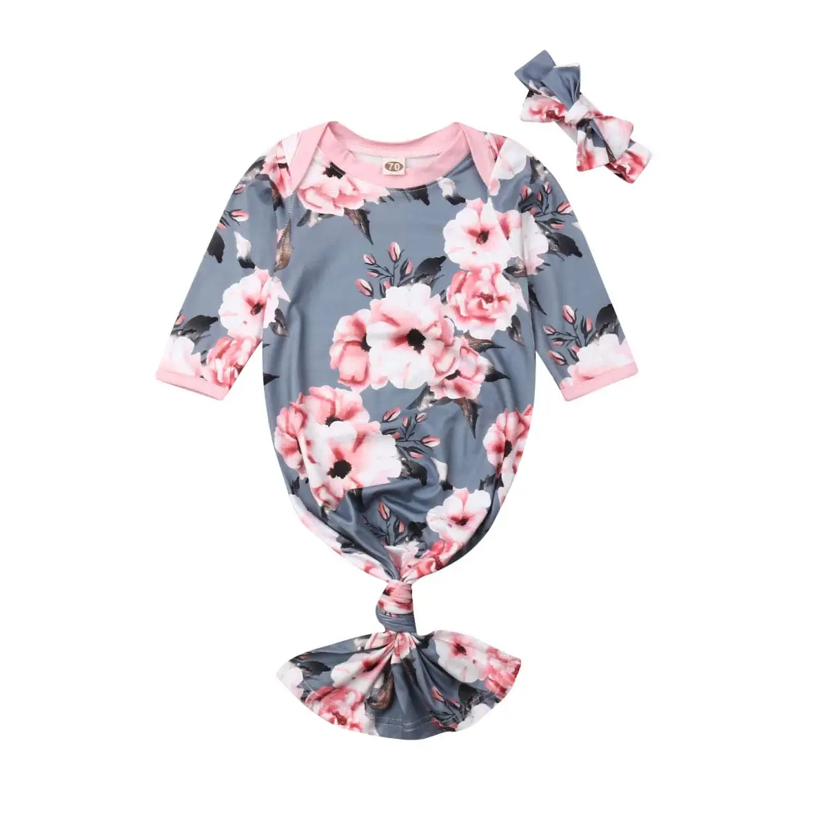 Girl's Pajamas Summer Casual Elegant Long Sleeve U-Neck Flower Printed Long Dress and Butterfly Headband Daily Sleep Sets