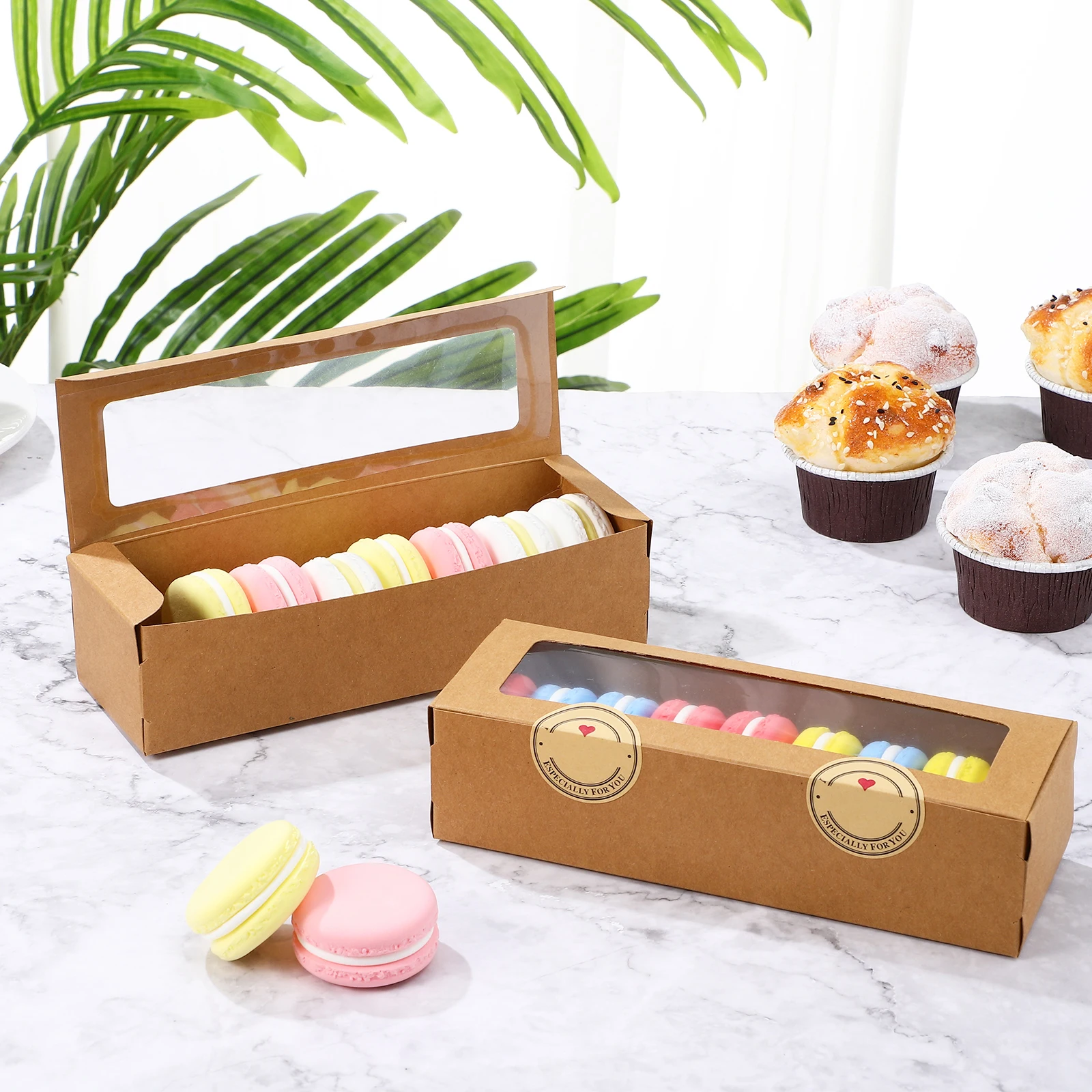

50 Pcs Macaron Boxes Kraft Paper Clear Window Dessert Containers Biscuit Box Treats Baking Supplies Packaging Kitchen Bar Items