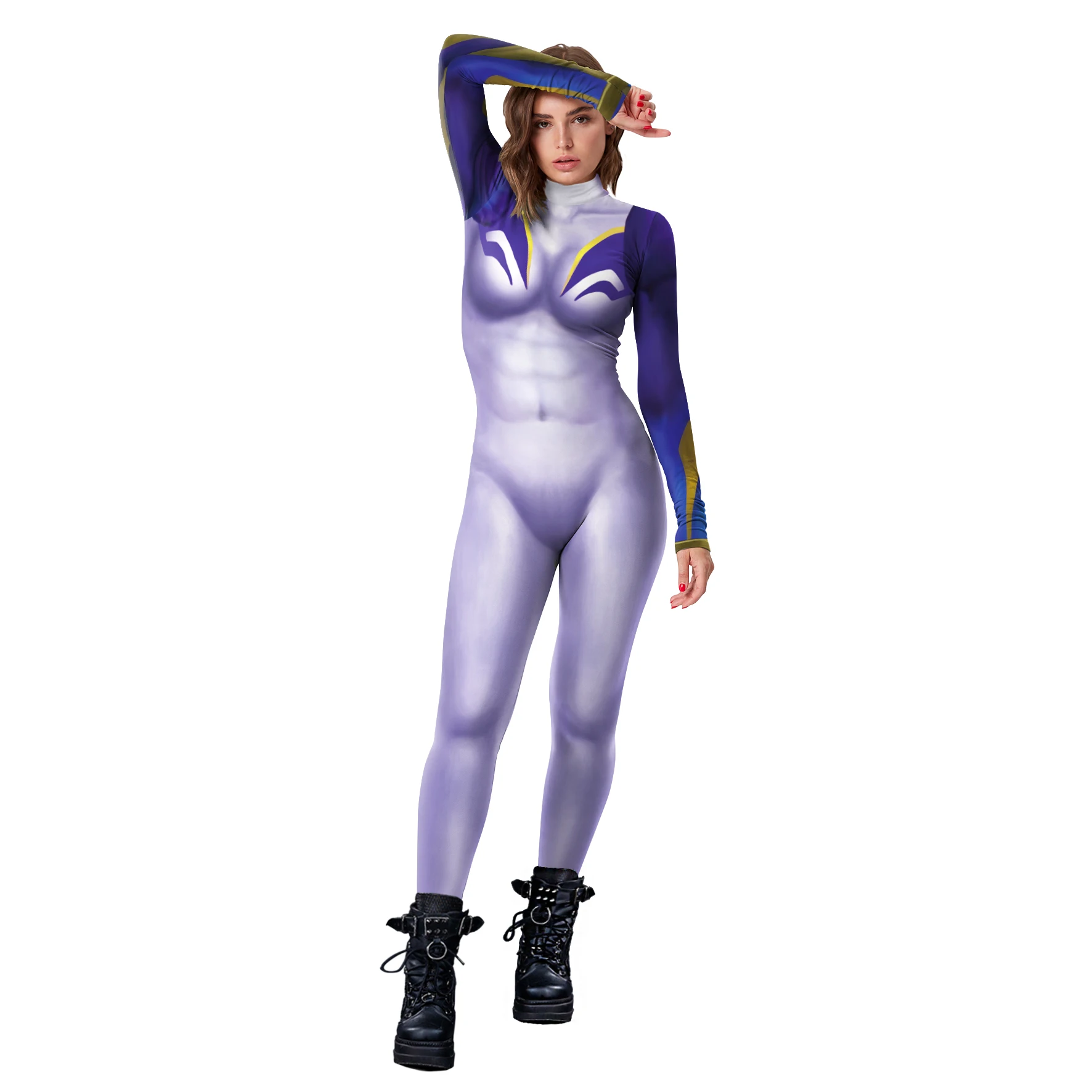 Halloween Women's Game Costume Digital Purple Print Sexy Bodysuit Purim Carnival Role Play Jumpsuits Cosplay Party Outfits