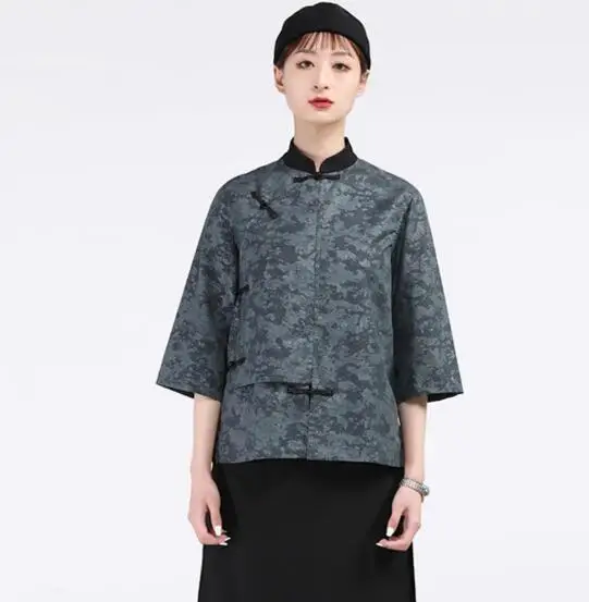 

Chinese Restaurant Waiter Uniform Spring Shirt Women Vintage Hot Pot Work