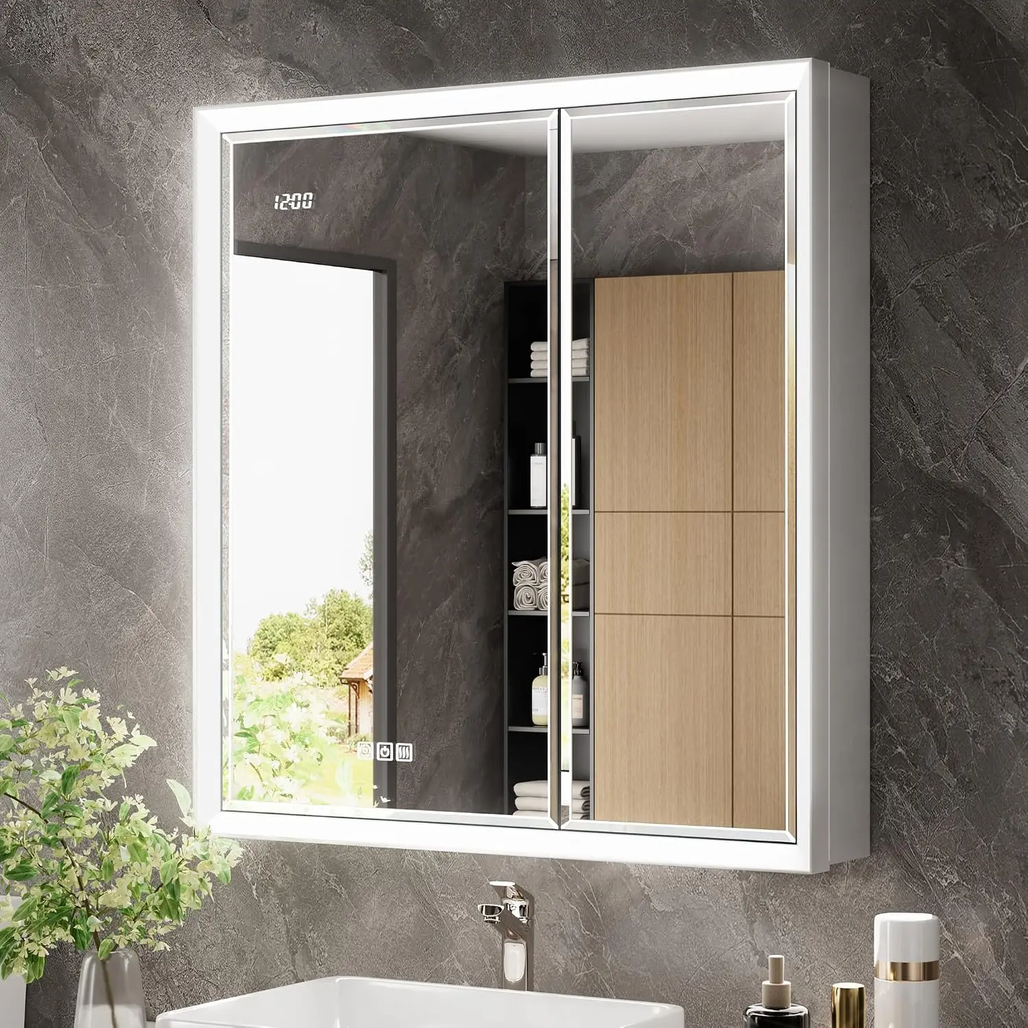 Beveled LED Medicine Cabinet with Mirror, Anti-Fog Dimmer, Surface & Recessed Mount, Outlet Clock Sensor Storage, 30x32