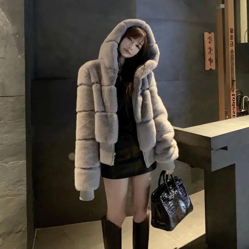 2023 Autumn/Winter New Danish Mink Faux Fur Coat Women's Hooded Long Sleeve Young Korean Version Spliced Mink Fur Coat