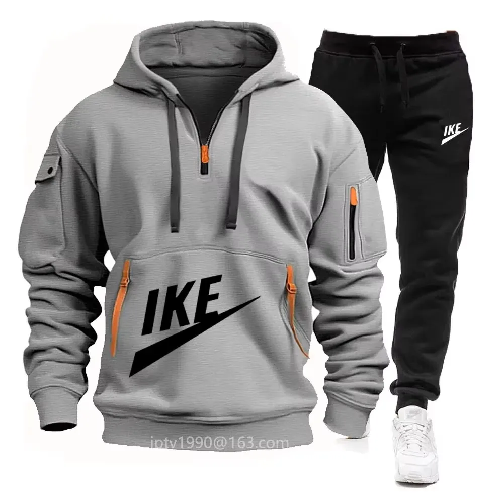 Men's hooded sweatshirt and casual sweatpants zip-up two-piece tracksuit and multi-pocket running suit 2024 new