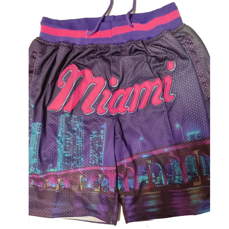 Basketball shorts Miami City Night Scenery Flower Four pockets Sewing embroidery Outdoor sports Beach pants high quality Green