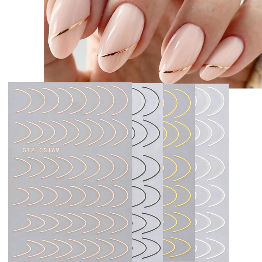 

4 pcs Nail Stickers, French Style Metallic Lines Easy to Apply Adhesive Nail Art Decals