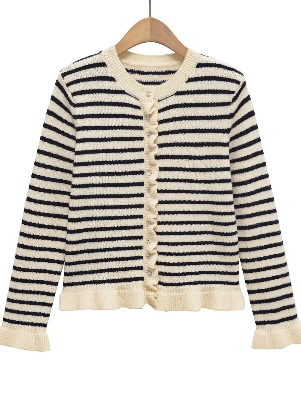 

2025 Autumn Winter Women's European & American O-neck Long sleeve Striped Sweater Lady Elegant Knitted Simple Buttons Cardigan