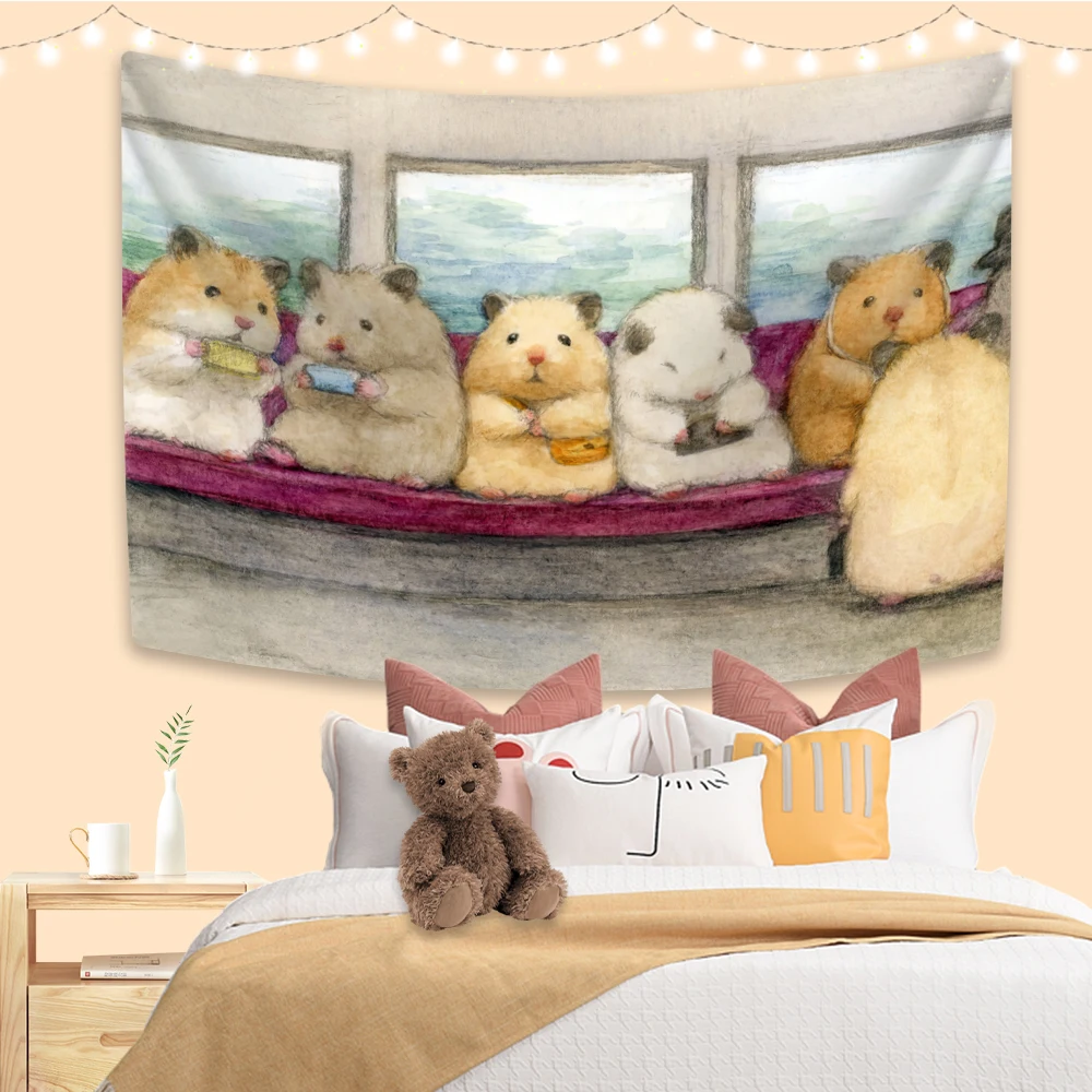 XxDeco Kawaii Hamster Anime Tapestry Cute Animal Printed Wall Hanging Home Decoration Dormitory Background Cloth Sofa Blanket