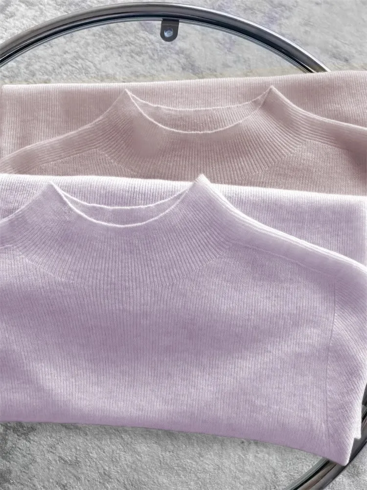 

Chic Korean Style Women's Knitted Sweater Half High Collar Base Layer Top White Enhancing Long Sleeve Polyester Fiber