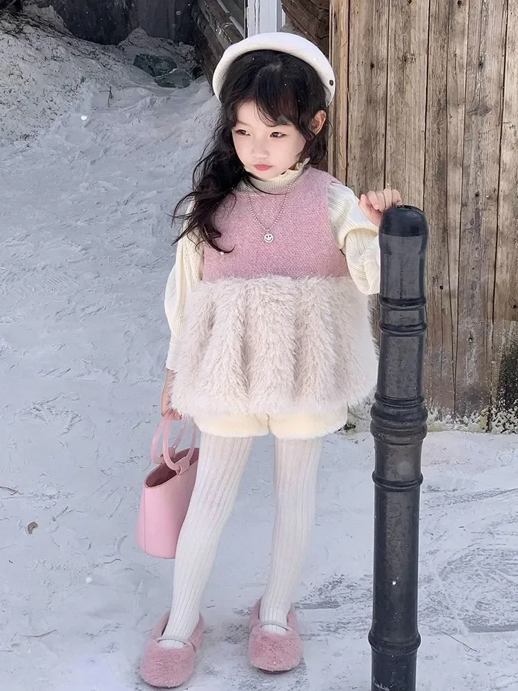 Winter Elegance Fashion Girls Sweet Casual Kids Princess Pink Thick Waistcoat+Bottom puff sleeves sweater+Shorts Children 3Pcs