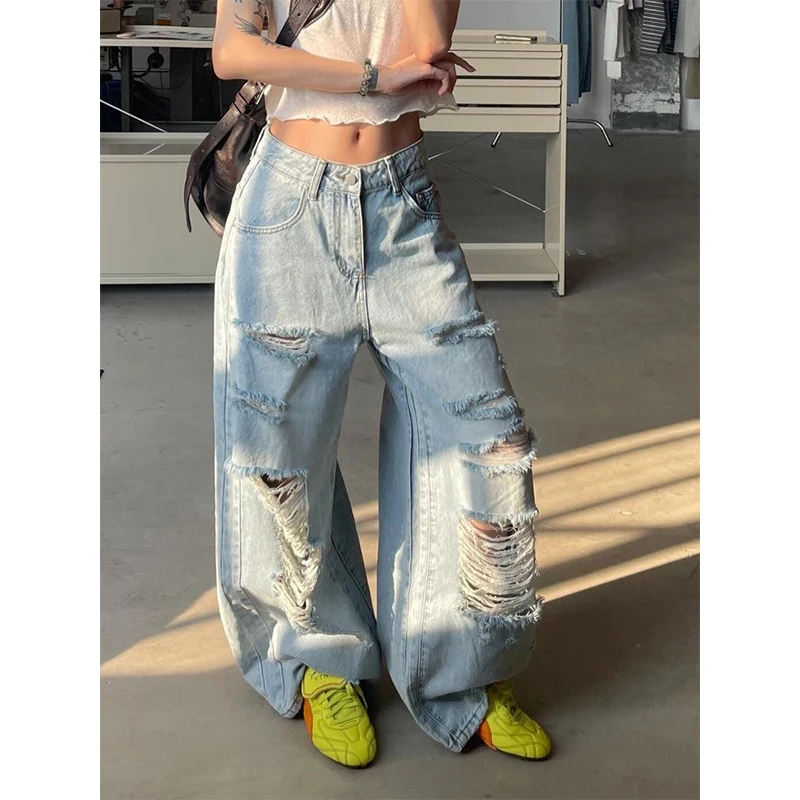 

Women Vintage Light Blue Ripped Jeans High Waist Straight Baggy Denim Pants Streetwear Y2K American Retro Wide Leg Trousers