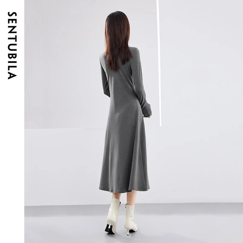 SENTUBILA Turtleneck Fitted Warm Knitted Dresses Women 2024 New In A Line Midi Long Sleeve Winter Dress Woman Clothing 134L53186