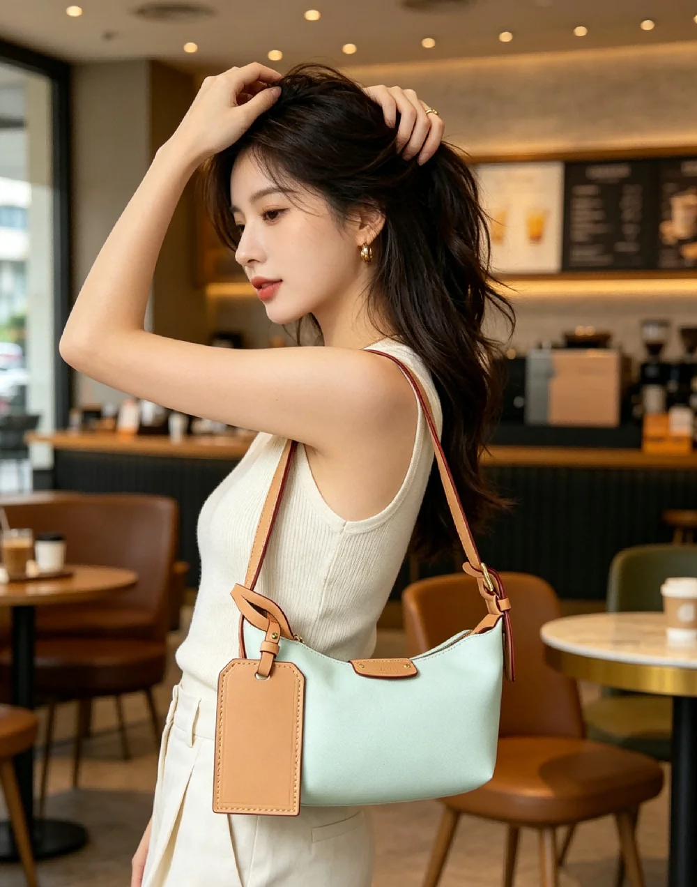 

Женская сумка-тоут мятно-зеленого цвета с коричневой отделкой, мягкая повседневная сумка с биркой для работы, шопинга и путешествий