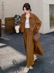 LANMREM Casual Two-piece Set Women Lapel Zipper Design Coat With Elastic Waist Skirts 2024 Female Autumn New Clothing 2Z2624