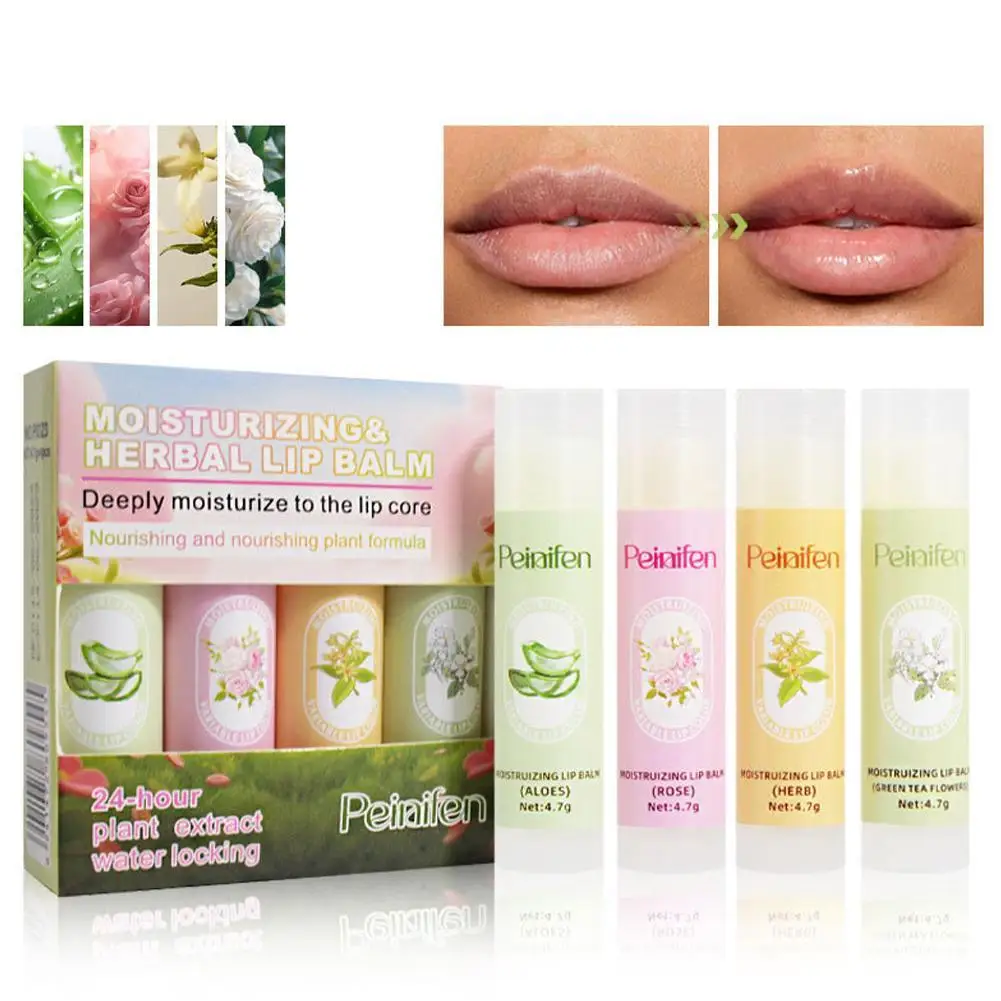 4 قطع/مجموعة بلسم شفاه مرطب وممتلئ، مجموعة العناية بالشفاه المعطرة بالزهور للشفاه الجافة، ترطيب طويل الأمد، إصلاح الشفاه المتشققة #1