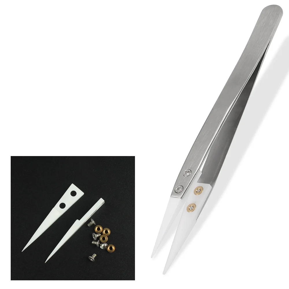 Tweezers Precision Ceramic Tips Tweezers Anti-static Straight Aimed Tweezers Stainless Steel Handle High Temperature Resistant