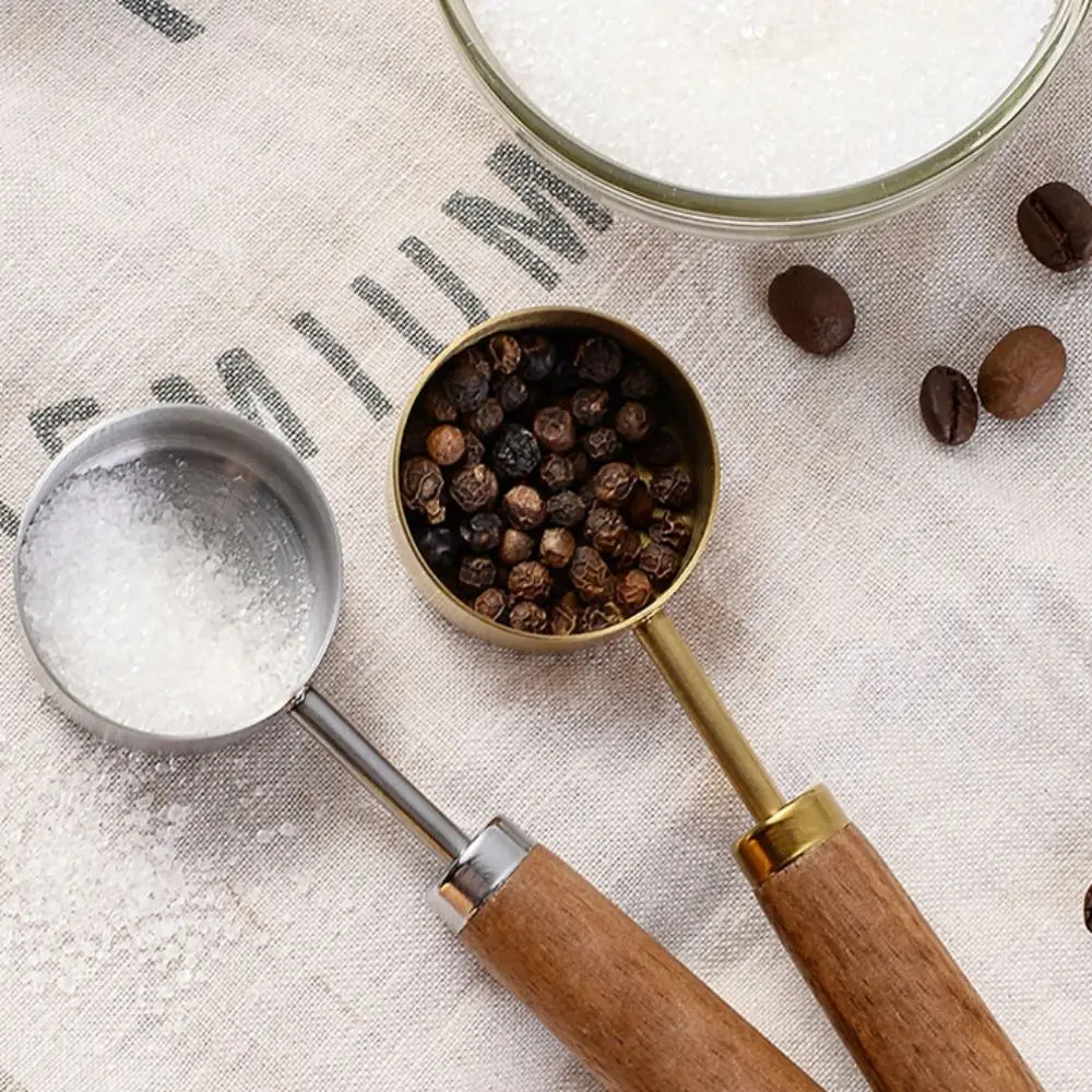 Cuchara medidora de acero inoxidable de fondo plano con mango de madera, taza medidora a prueba de óxido, herramientas de medición de cocina