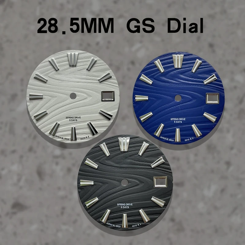 NH35 28.5mm Dial motif pohon cedar dengan logo GS, bercahaya hijau/biru, cocok untuk aksesori modifikasi jam tangan dengan mesin NH35/NH36.
