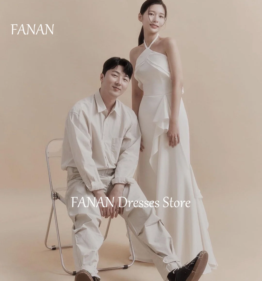 

FANAN Korea Halter Neck Sleeveless Wedding Dresses 웨딩드레스 Ivory Satin Open Back Vintage Custom Made Bride Gowns Plus Sizell