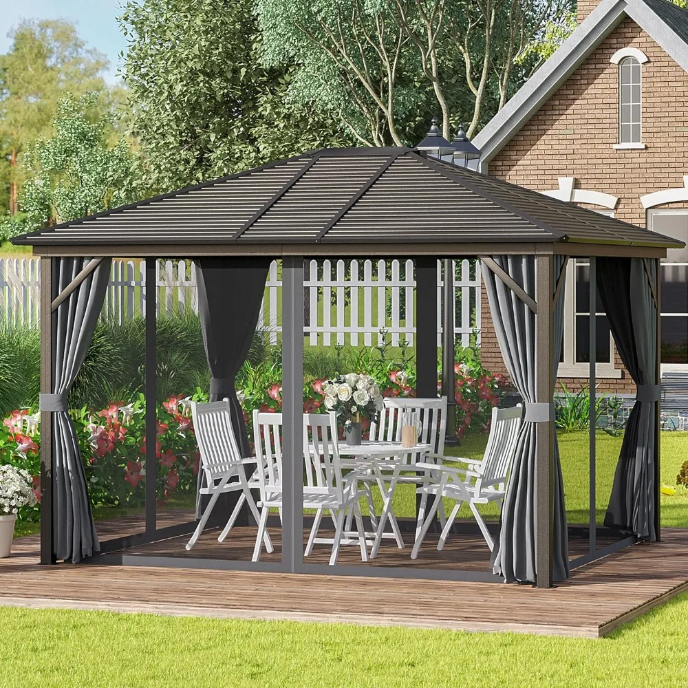 

10' x 12' Hardtop Gazebo with Curtains and Netting, Permanent Pavilion Metal Single Roof Gazebo Canopy Patio Backyard, Dark Gray