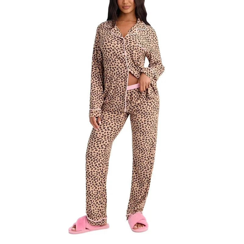 Women Leopard Print Pajama Set 2 Pcs Autumn New Homewear Long Sleeve Lapel Shirt&pants Loungewear Casual Loose Sleepwear 6