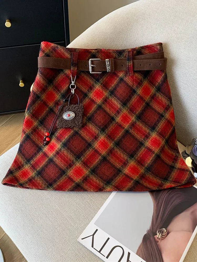 Retro Red Plaid Skirt Women High Waist Faux Woolen Slim Belt Mini Skirts Korean Casual Vintage Female Elegant Sweet A Line Skirt