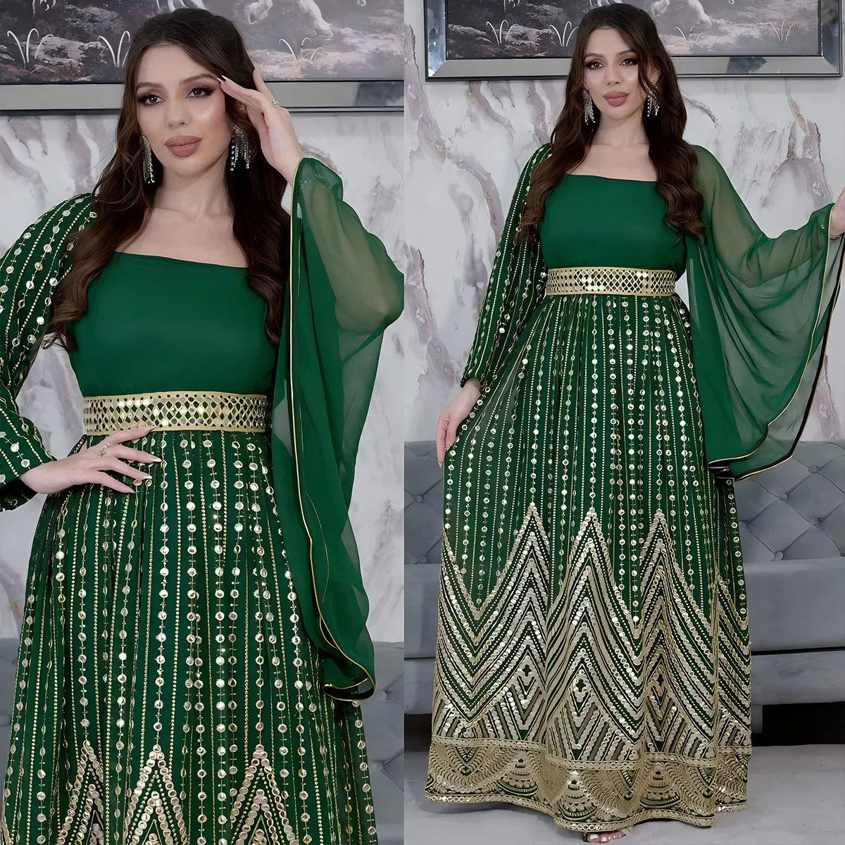 Abito da festa di moda Abaya per nuove donne eleganti caftano Chiffon manica svasata musulmano arabo abbigliamento islamico Robe Jalabiya Vestidos