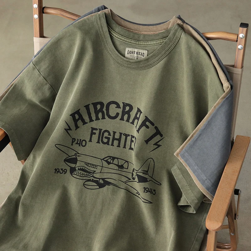 

Summer American Military Short Sleeve Heavyweight Fighter Printed T-shirt Men's Retro 100% Cotton Washed Old Loose Casual Tops