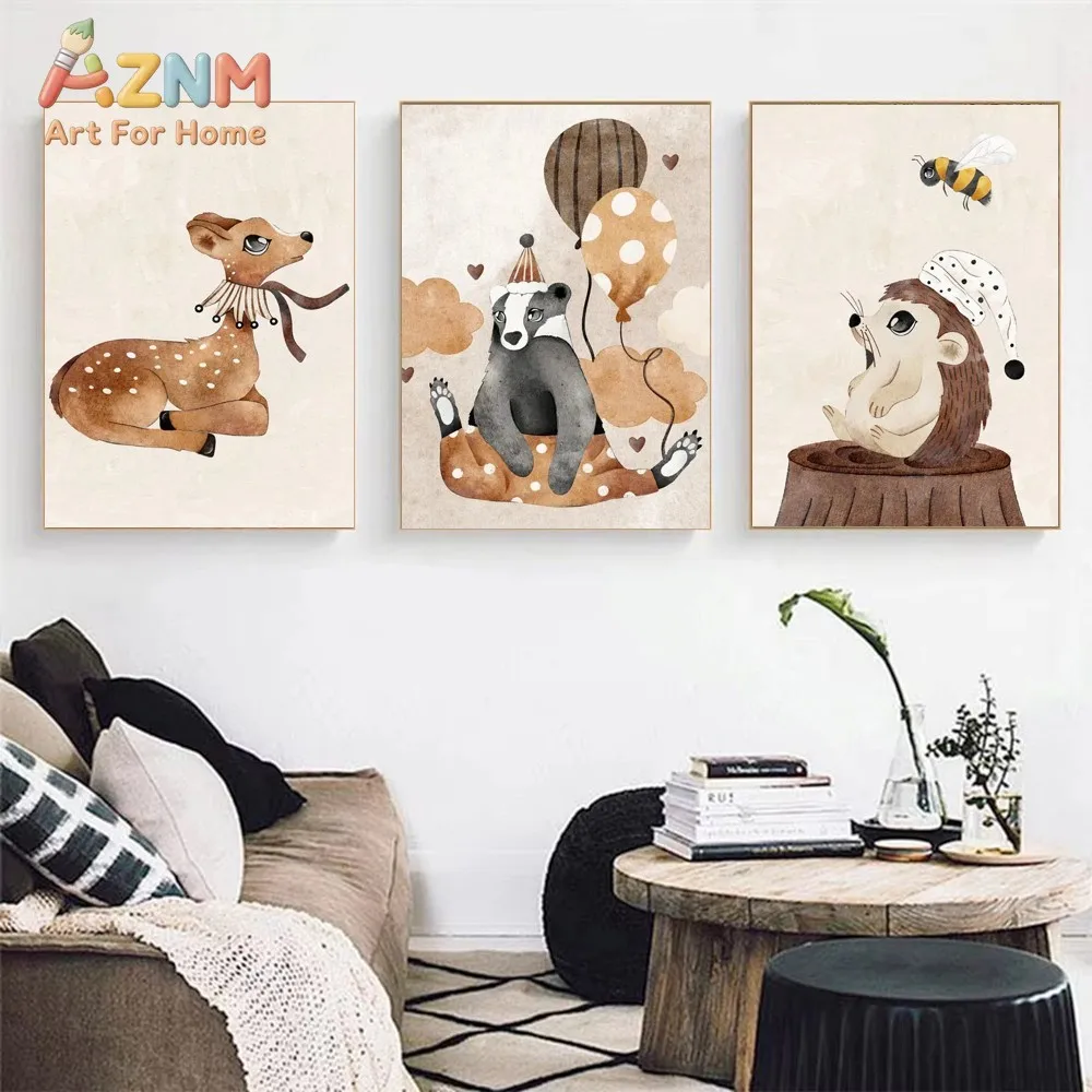 AZNM Boho Forest Animal Canvas Wall Art Deer Bear Hedgehog Balloon Bee Frameless Canvas Painting Nursery Kids Room Home Decor Po