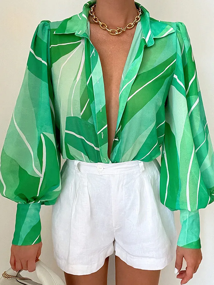 

Sexy Floral Print Blouse Faionable Commute Sle Long Sve Collar Bubble Sve Polyester Women's irt Summer