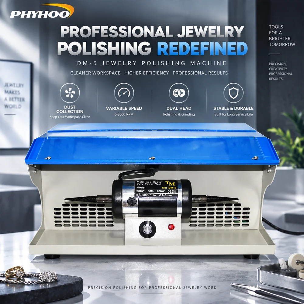PHYHOO 200W Jewelry Polishing Machine Bench Grinder Buffer Dust Collector Dual Head Variable Speed 8000RPM Jade Metal Work Bench