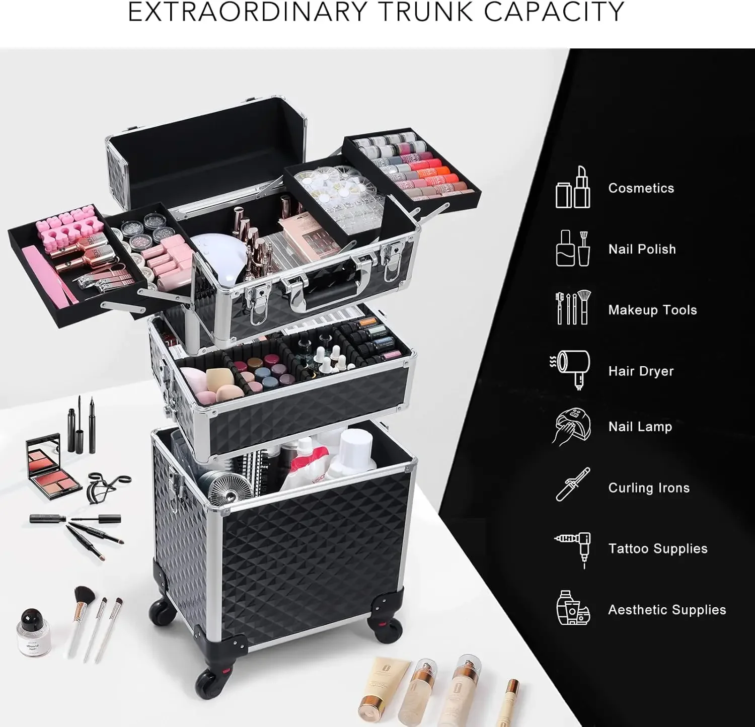 3 in 1 Rolling Makeup Train Case Professional Cosmetic Trolley Large Storage with Keys Swivel Wheels Salon Barber Case Traveling