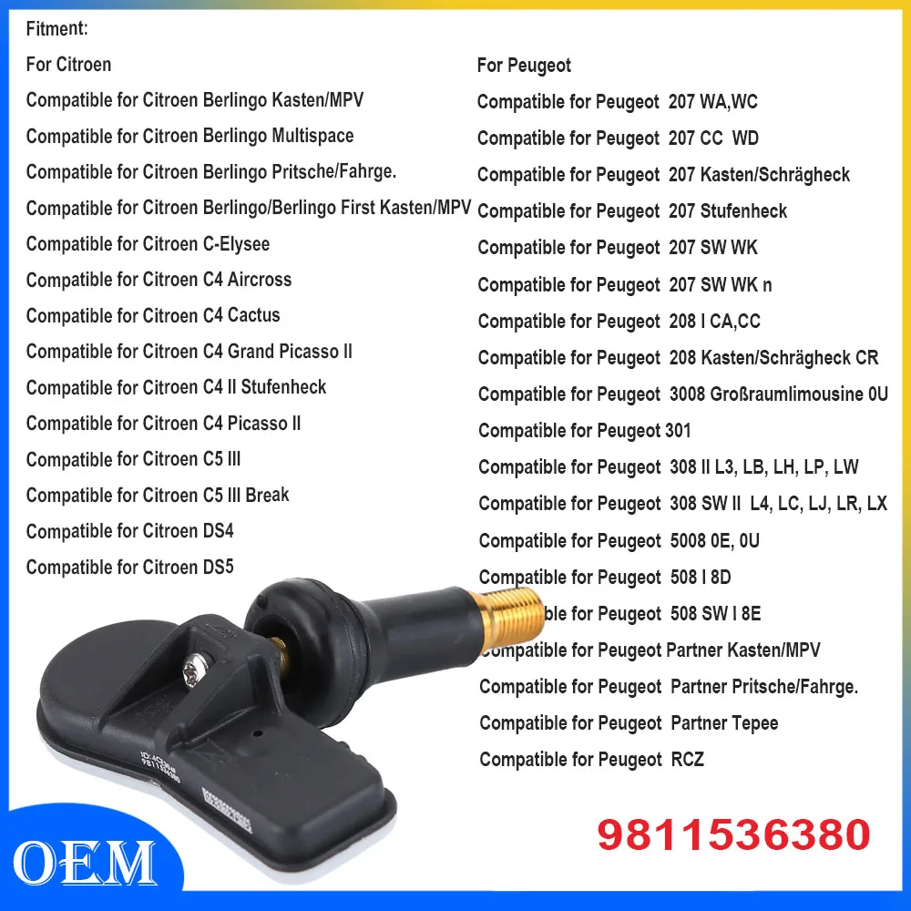 

4 черных датчика давления в шинах 9811536380 TPMS, совместимых с Peugeot 207 208 308 508 Partner 2007-2023