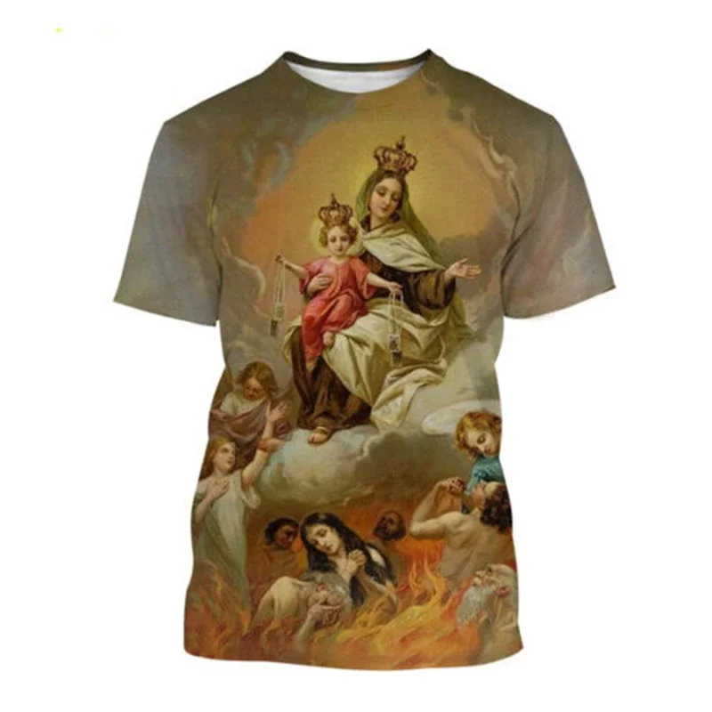 Christian Blessed Jesus God T Shirts Womens Clothing Virgin Mary T Shirt Goddess of Mercy 3D Print T-Shirt Unisex Short Tops