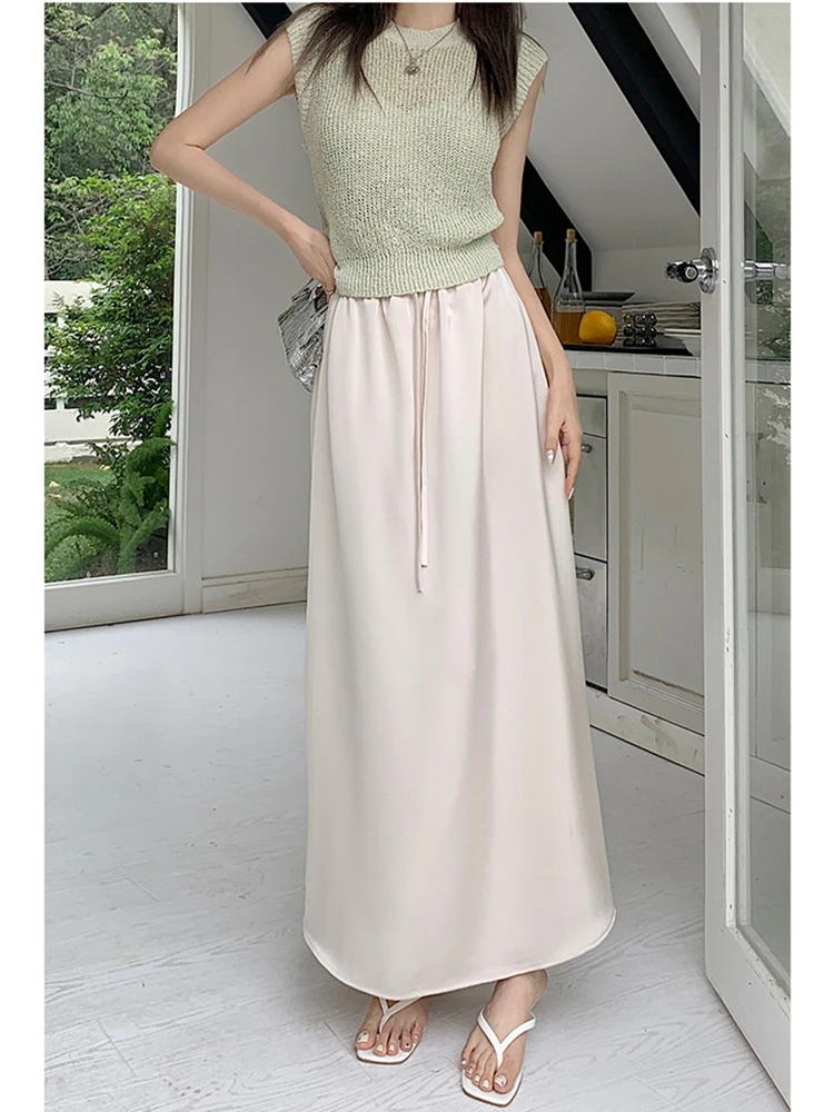 Summer New Women's Half Length Skirts Hot Selling Satin Finish Elastic Waist Lace-up Casual A-Line Simplicity Solid Vestidos