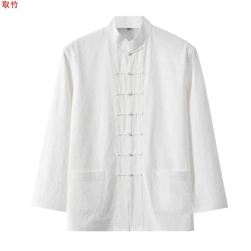 Xianui Tang Cinese Sle Cotone Lino da Uomo irt Lungo Sve Colletto alla coreana Retro Abiti Buddisti Hanfu Morbido Lucido Slim Fit