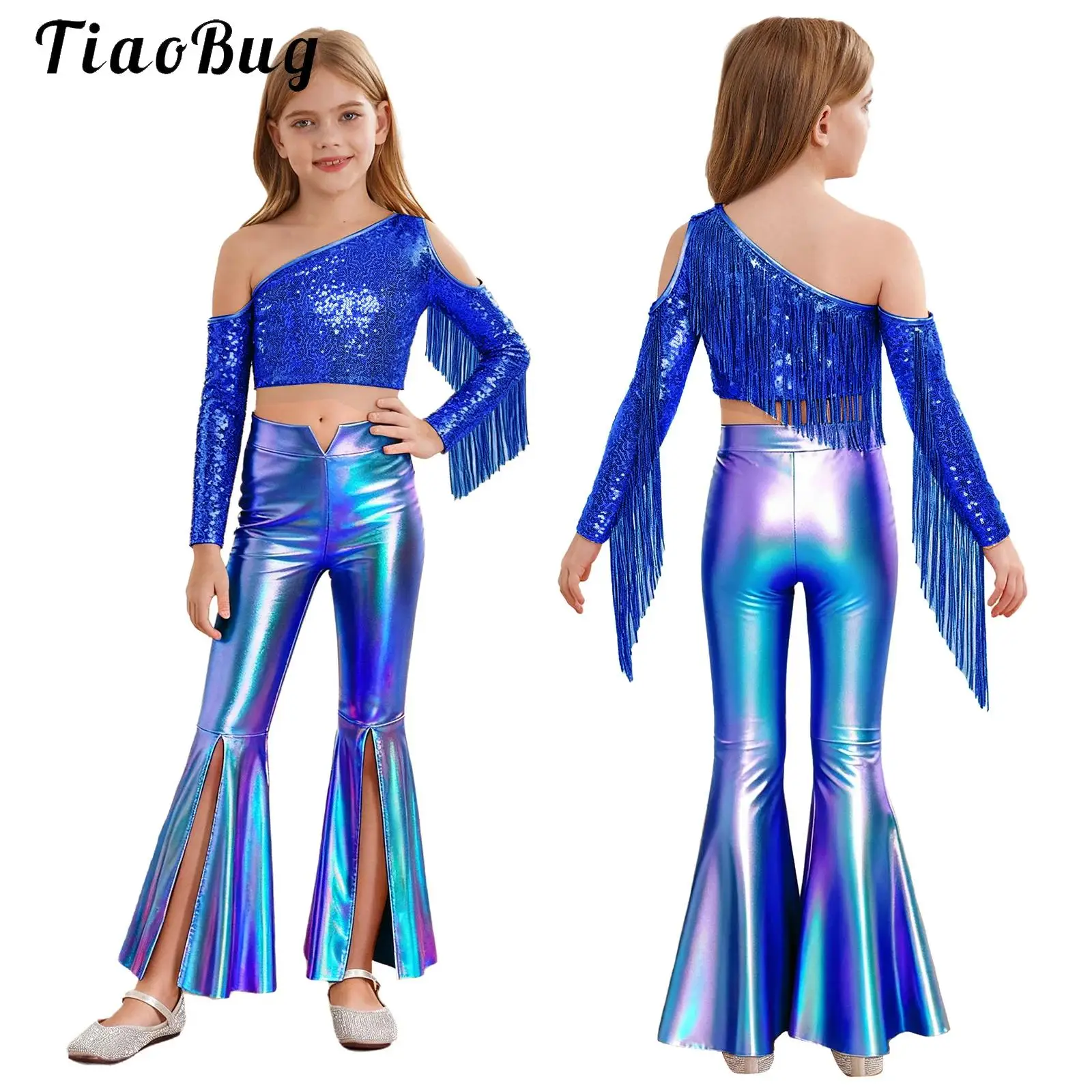 

Metallic 70S Disco Vintage Hippie Costume Outfits for Kids Girl One Sleeve Sequins Crop Top and Bell Bottom Pants Jazz Dancewear