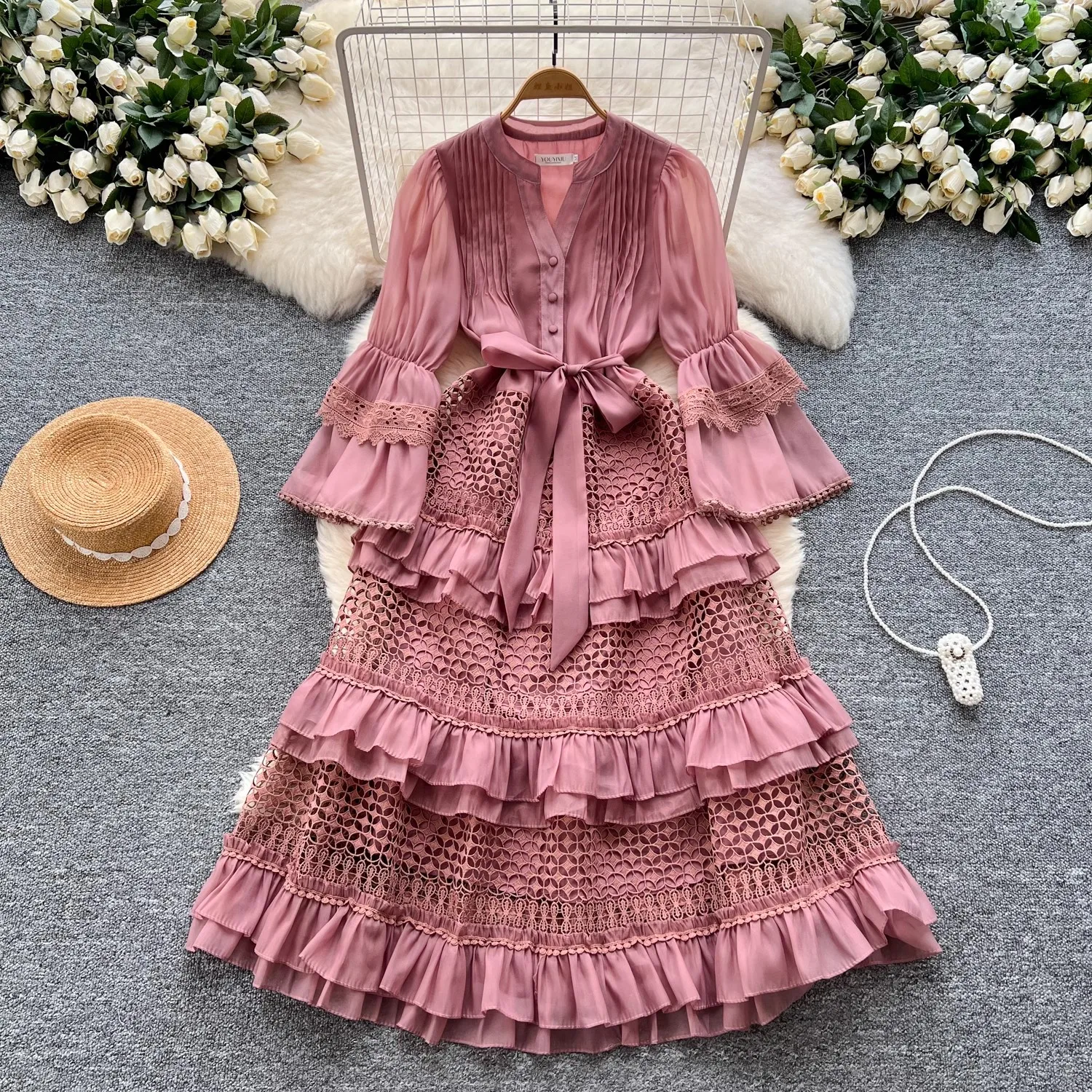 French Runway Spring Hollow Out Lace Patchwork Ruffled Long Dress Vintage Women V Neck Flare Sleeve High Waist Belt Loose Dress