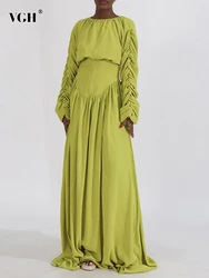 VGH Casual Folds Skirts Suits for Women Round Neck Lantern Sleeve Short Tops High Waist Spliced Lace Up Skirt Loose Suit Female