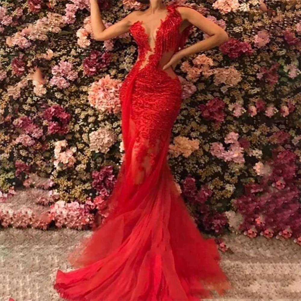 2023 Sexy Red Mermaid Evening Dresses Women Formal Party Night Elegant Sleeveless One-Shoulder Long Prom Gowns