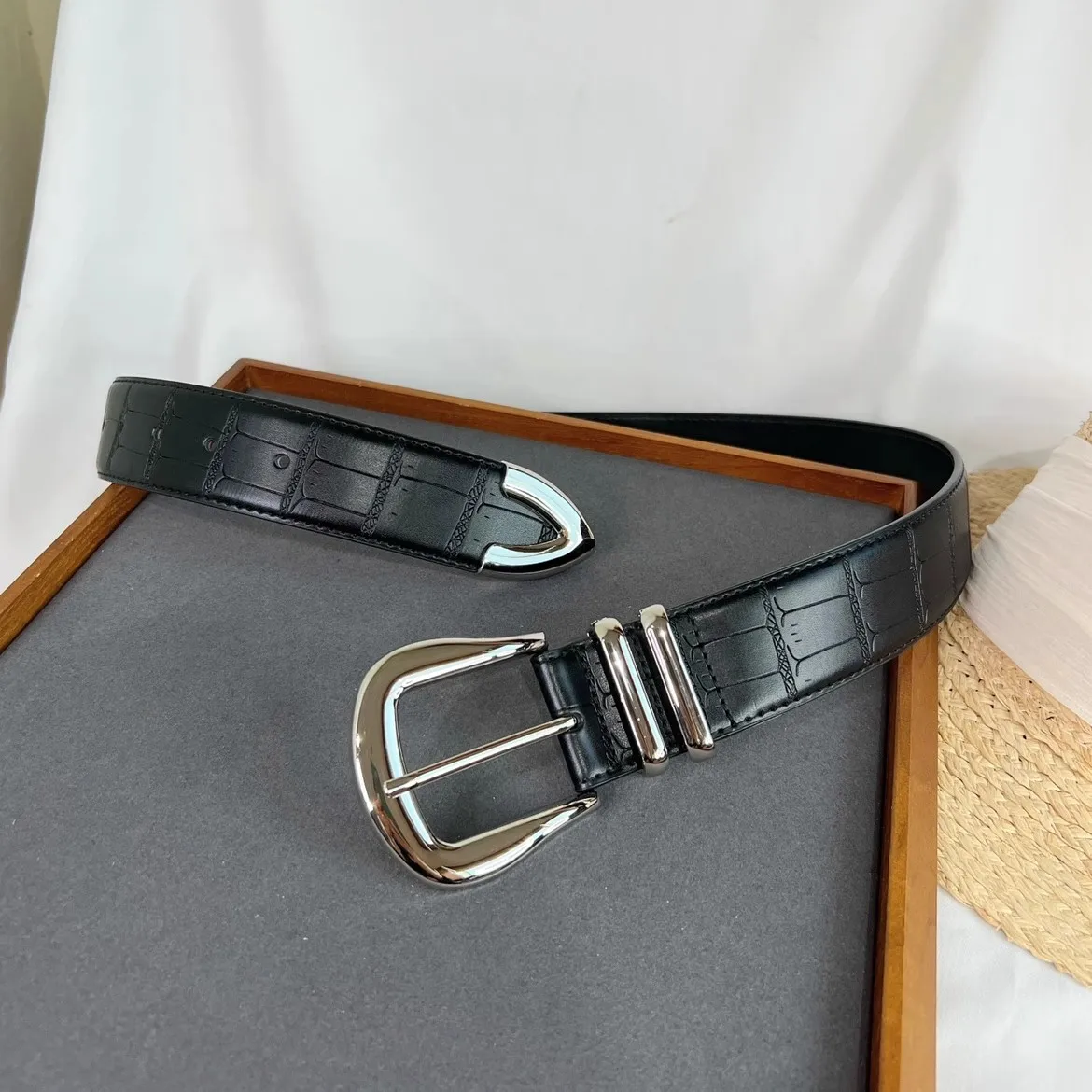 المرأة موضة الفضة مشبك جلد طبيعي أسود مشد الإناث Cummerbund معطف حزام فستان Decration حزام عريض J557