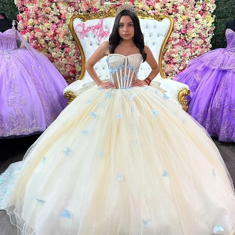 أصفر فاتح فستان Quinceanera الكتف ، القوس الكبير ، ثوب الكرة فراشة ، يزين الديكور ، الدانتيل لحفلات 15 فتاة حلوة