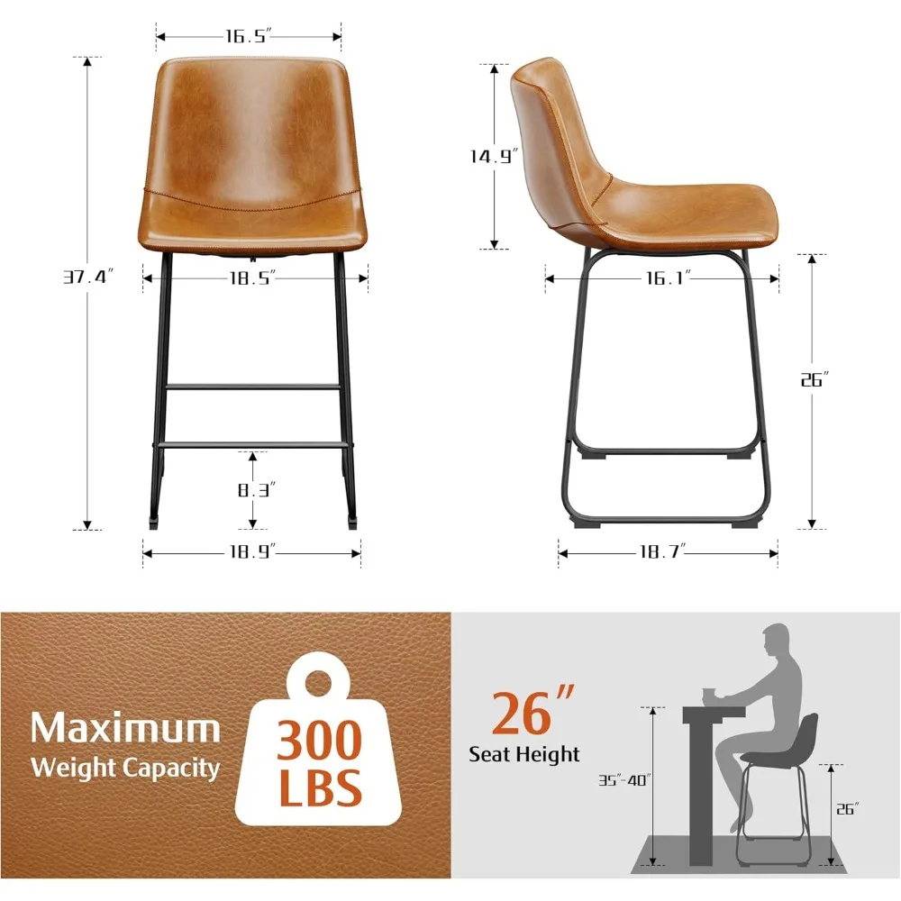 Set di 4 sgabelli da bar, sgabelli da bar ad altezza bancone in pelle PU, sgabelli da bar moderni da 26 pollici con gambe e poggiapiedi in metallo, senza braccioli urbani