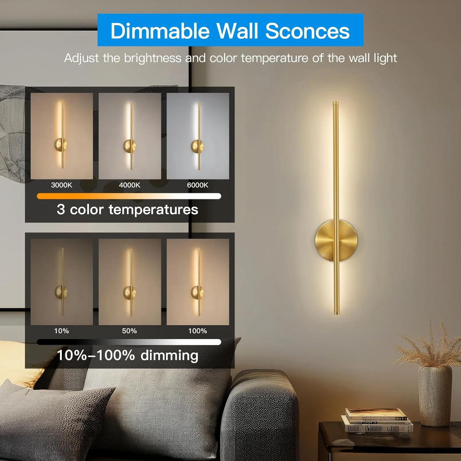 Magnetic Rechargeable LED Wall Lamp Black Gold Wireless 50CM Wall Sconce Battery‑Operated Light for Living Room Bedroom Hallway