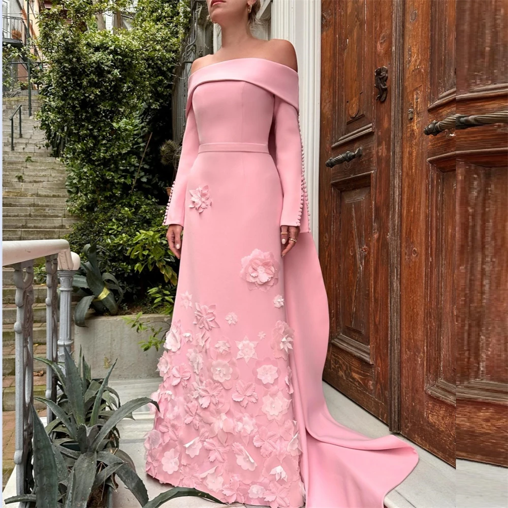 

Formal Gown Prom Saudi Arabia Off-the-shoulder A-line Hi-Lo Length Skirts Vertically 3D Flower Stole Bespoke Occasion Dresses