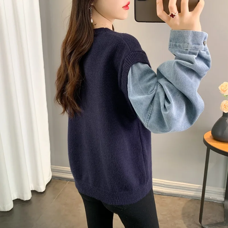 Women Casual Trendy Daily Knitwear O-Neck Patchwork All-match Fashionable Streetwear No Hat Hoodies Sweatshirts Indie Chic