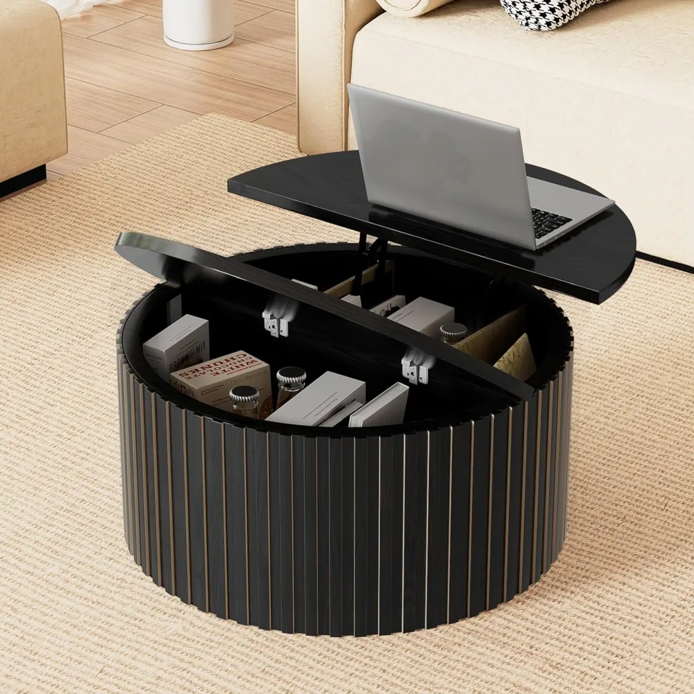 طاولة قهوة مع مساحة تخزين، طاولات قهوة مستديرة للمزرعة مقاس 31.5 بوصة لغرفة المعيشة، طاولات مركزية خشبية حديثة مع