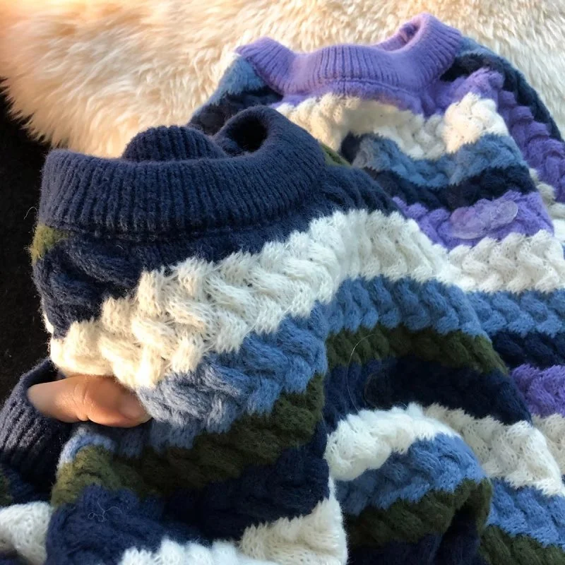 Loose Men's Knitted Sweater Autumn New Sle American Retro round Ne Long Sve Twisted Stripe Pattern Casual Faion