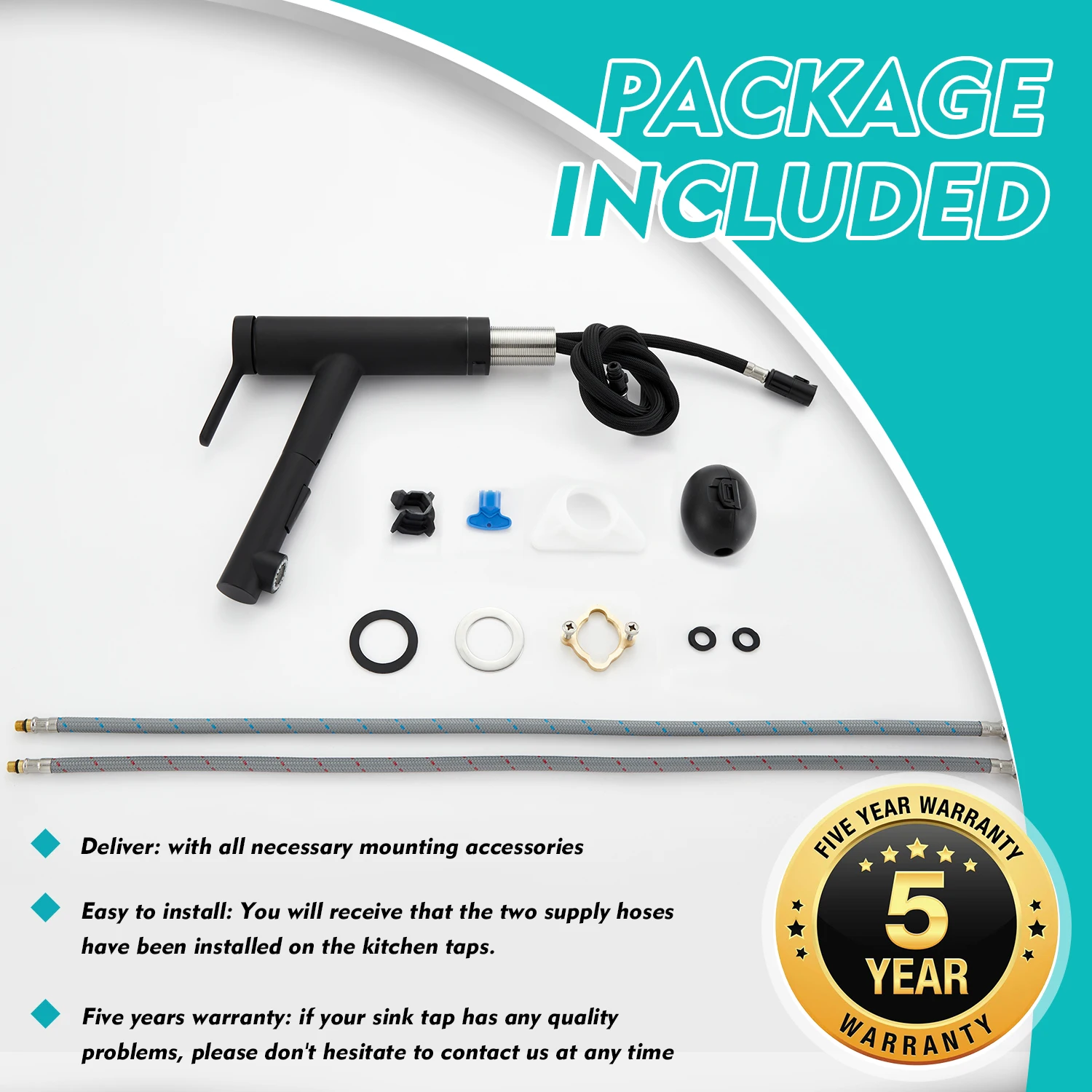 صنبور حوض الفولاذ المقاوم للصدأ الأسود، خرطوم قابل للتمديد، صنبور المطبخ الأسود